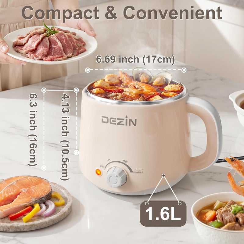 DEZIN Electric Pot, 1.6L Ramen Cooker, Hot Pot Electric Stainless Steel, Multifunctional Cooker for Egg, Pasta, Soup, Porridge, Oatmeal with Temperature Control and Keep Warm Function - Image 3